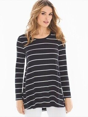 Soma Soft Yoke Tunic Top Black White Stripe Jersey Knit Long Sleeve Loungewear L